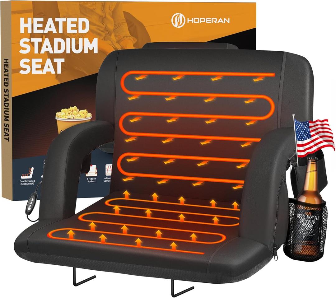 HOPERAN Heated Stadium Seats for Bleachers with Back Support and Wide Cushion, Extra Portable Bleacher Seat Foldable Stadium Chair, USB 3 Levels of Heat, 5 Pockets for Outdoor Camping Games Sports (21", 1pc Black)