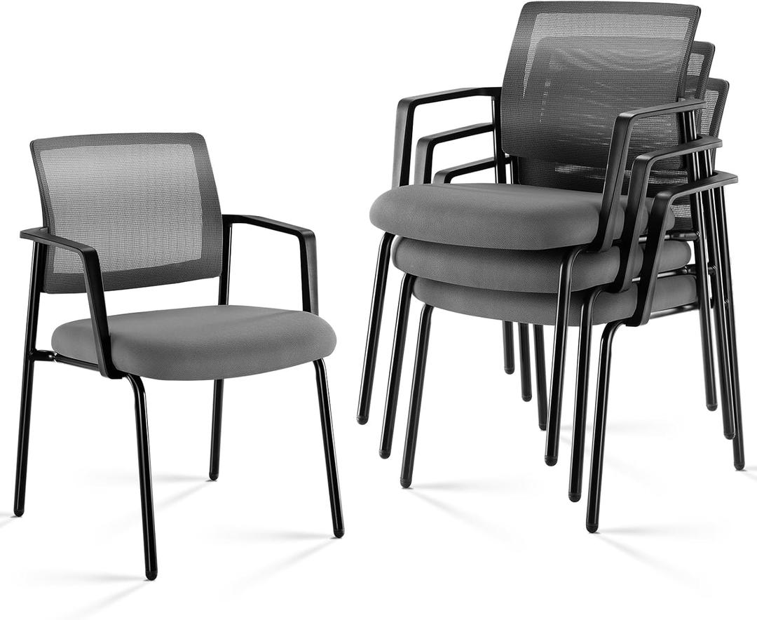 Sweetcrispy Mesh Back Stacking Arm Chairs 4 Pack, Upholstered Fabric Stack Chairs, Sturdy Metal, Easy to Use and Store, Outdoor and Indoor, for Home, Office, Party, Comfy, Grey