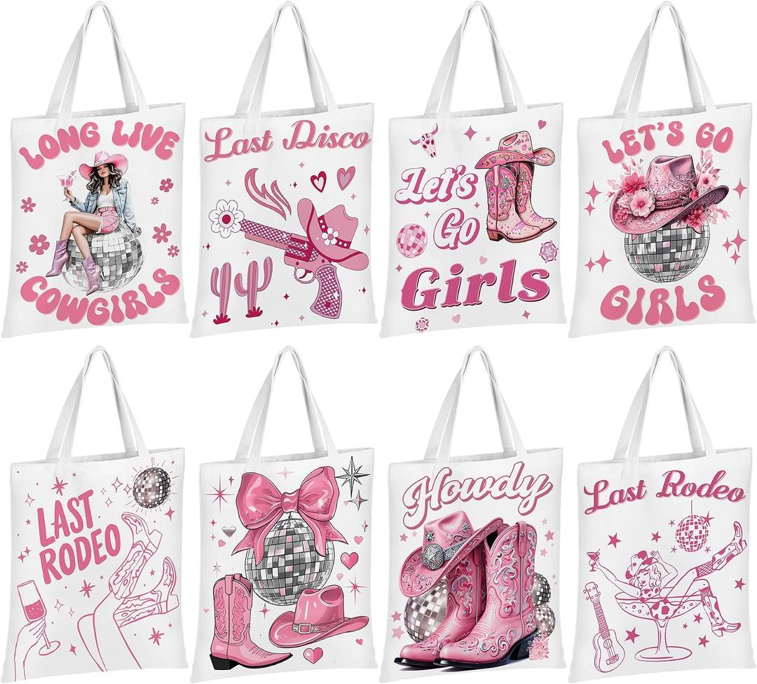 8 Pcs Western Cowgirls Tote Bags for Women Pink Coquette Canvas Gifts Bags Reusable Grocery Shoulder Bag for Disco Girls Birthday Party Favors