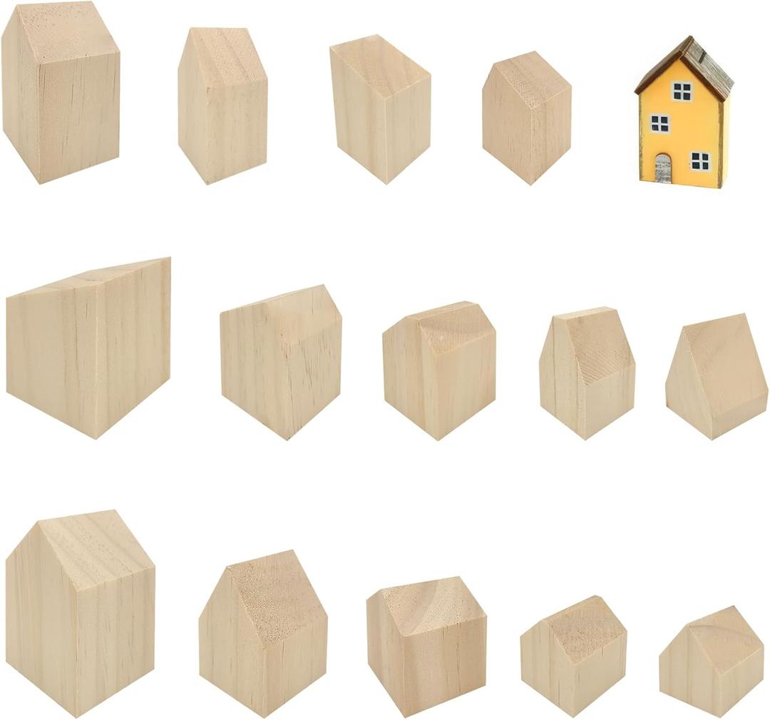 GeryVtee 14pcs Unfinished Wooden House Shaped Blocks Blank Wood Cutouts House Wooden Craft for Home Kitchen Office Shelf Coffee Bar Decor Blocks for Crafts