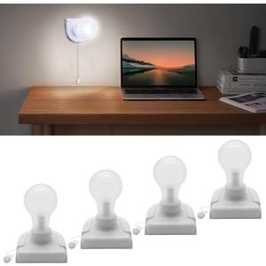 Battery Operated Light Bulb with Pull Chain, 4Pack Wireless Stick-Up LED Closet Light Bulb, Self Adhesive Wall Mounted Light Fixture for Cabinet Bedroom Living Room Kitchen, Clear Cover