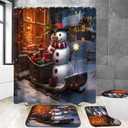 Chrainy Christmas Snowman Sled Shower Curtain Sets 4Pcs Bathroom Set Holiday Decor with Non-Slip Rugs Bath U-Shaped Mat Toilet Lid Cover with 12 Hooks