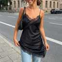 XBTCLXEBCO Women's Satin Lace Cami Top Silk V Neck Spaghetti Strap Camisole Asymmetrical Hem Flowy Long Lace Tank Slip Dress (Black, L)