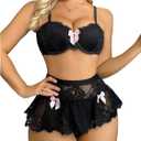 OYOANGLE Women's 2 Piece Bow Knot Floral Lace Lingerie Set Underwire Bra and Ruffle Panties Babydoll (Small, Black)