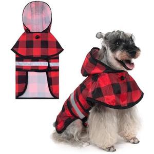 KOOLTAIL Dog Raincoat Hooded Slicker Poncho with Leash Hole, Christmas Red Plaid Raincoat for Small Medium Dogs, Waterproof Dog Rain Jacket with Reflective Strip, Adjustable Breathable Puppy Rainwear, M