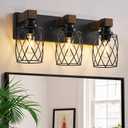 Farmhouse Bathroom Vanity Light, 3-Light Wood Bathroom Light Fixtures Over Mirror, Black Industrial Vanity Lights with Metal Shade, Rustic Bathrooms Lighting for Living Room, Bedroom, Hallway