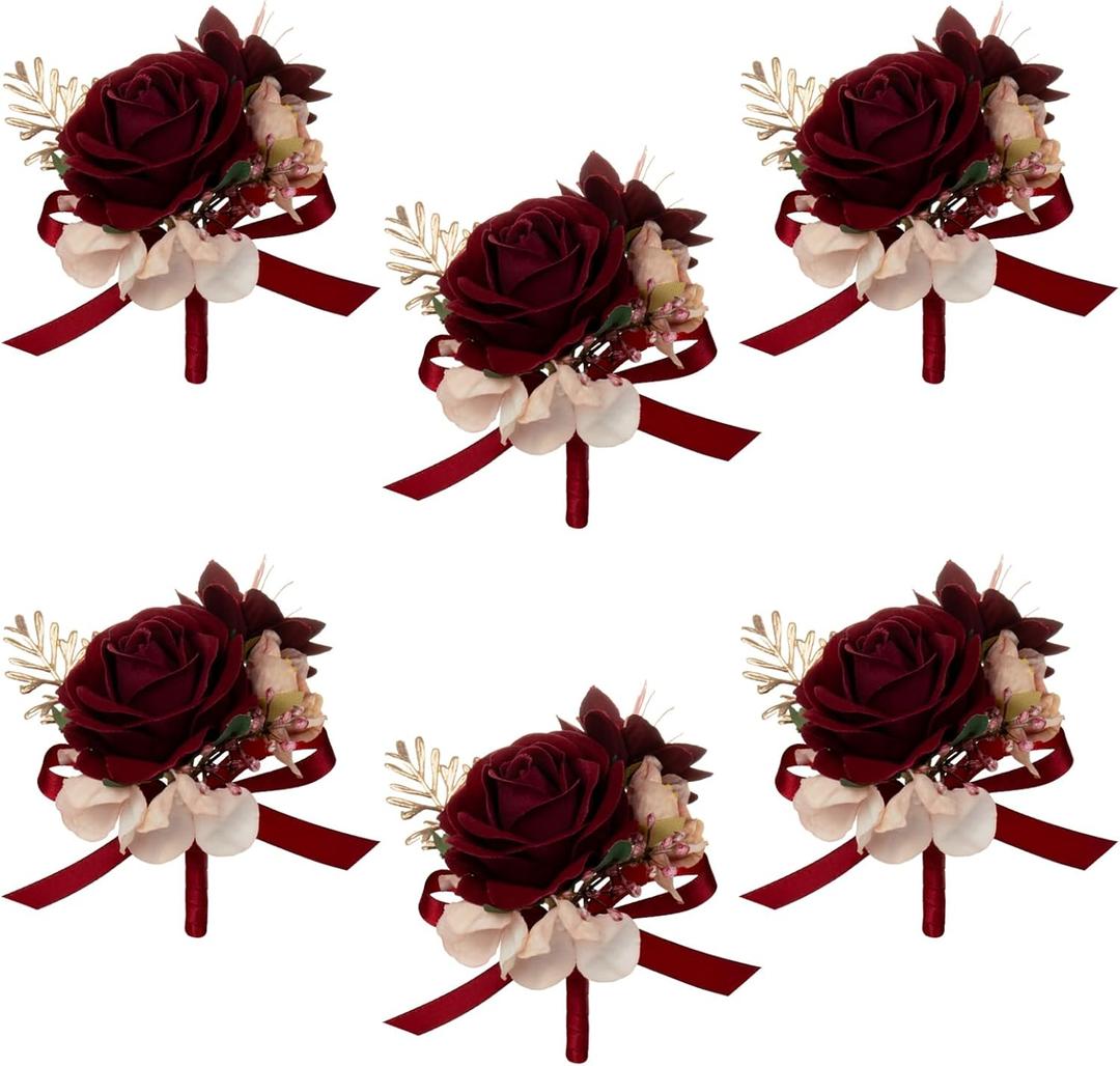 AuroraAria Burgundy Boutonniere for Men,Set of 6,Groom Boutonniere for Wedding,Anniversary,Homecoming,Formal Dinner Party,Wedding Decor,Artificial Red Rose
