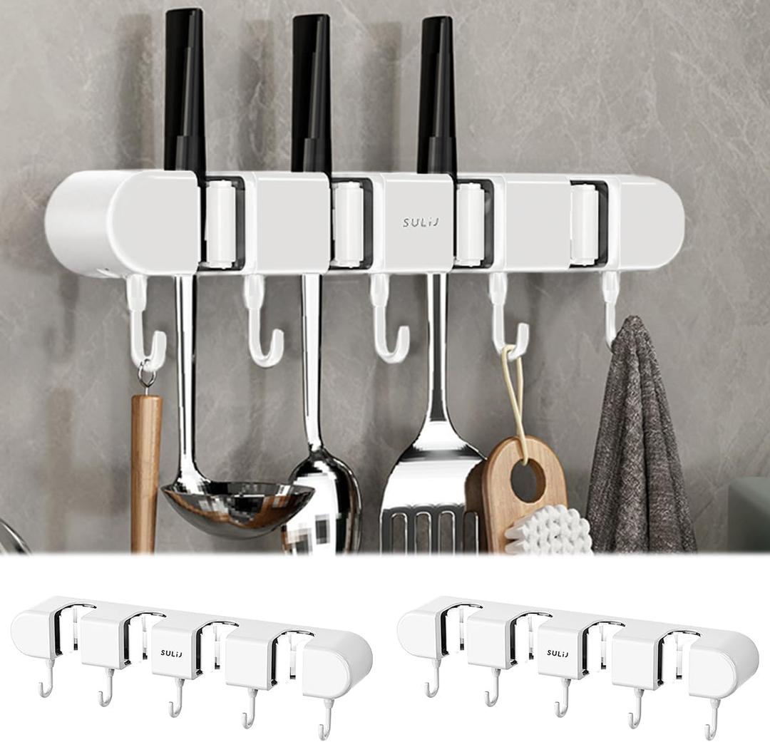 2Pcs Broom Holder Wall Mount, No-Drilling Self-Adhesive Mop and Broom Storage Rack with Hooks (4 Racks with 5 Hooks), Wall-Mounted Broom Hanger for Bathroom, Kitchen, Closet, Garage (White )