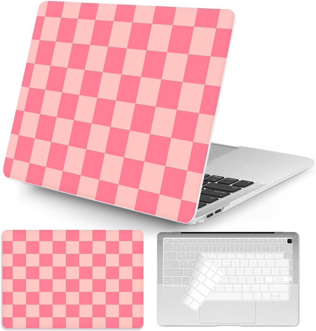Seorsok Compatible with MacBook Air 13 Inch Case 2022 2021 2020-2018 Release A1932 A2179 M1 A2337 Touch ID,Exquisite Checkerboard Pattern Plastic Hard Shell Case with Keyboard Cover,Hot Pink Grid