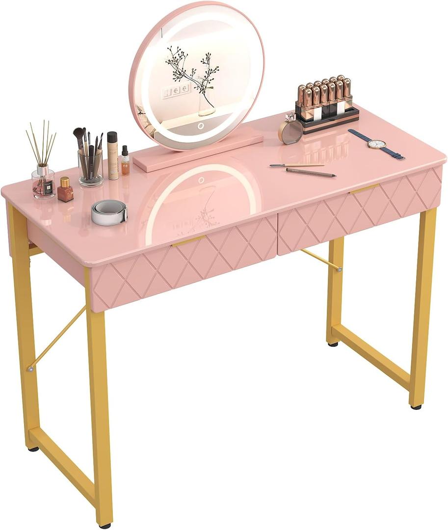 WESTREE Vanity Desk with 2 Drawers and Storage Shelf, Modern Makeup Table with Glossy Desktop, Gold Metal Frame Writing Desk for Bedroom or Home Office, No Mirror (40 Inch)