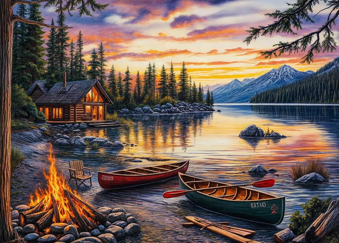 Lakeside Cobin Jigsaw Puzzles 1000 Pieces for Adults Cozy Campfire Canoes 1000 Piece Jigsaw Puzzles for Adults