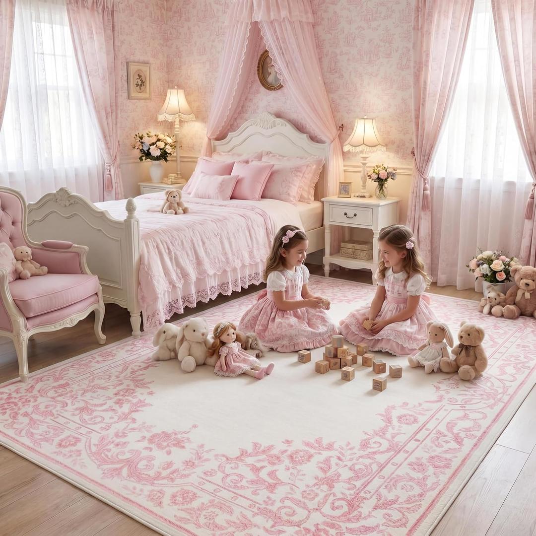Garvee Rugs for Girls Bedroom Washable 5x7 Area Rug for Nursery Room, Non Slip Soft Low-Pile French Retro Floral Accent Throw Carpet for College Dorm Decor Kids Room Playroom, Pink