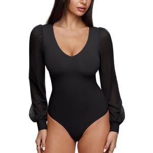 REORIA Womens Mesh Long Sleeve Bodysuit Double Lined V Neck Slimming Body Suits Sexy Cute Going Out Tops Shirts Fall Outfits (Medium, Black Onyx)