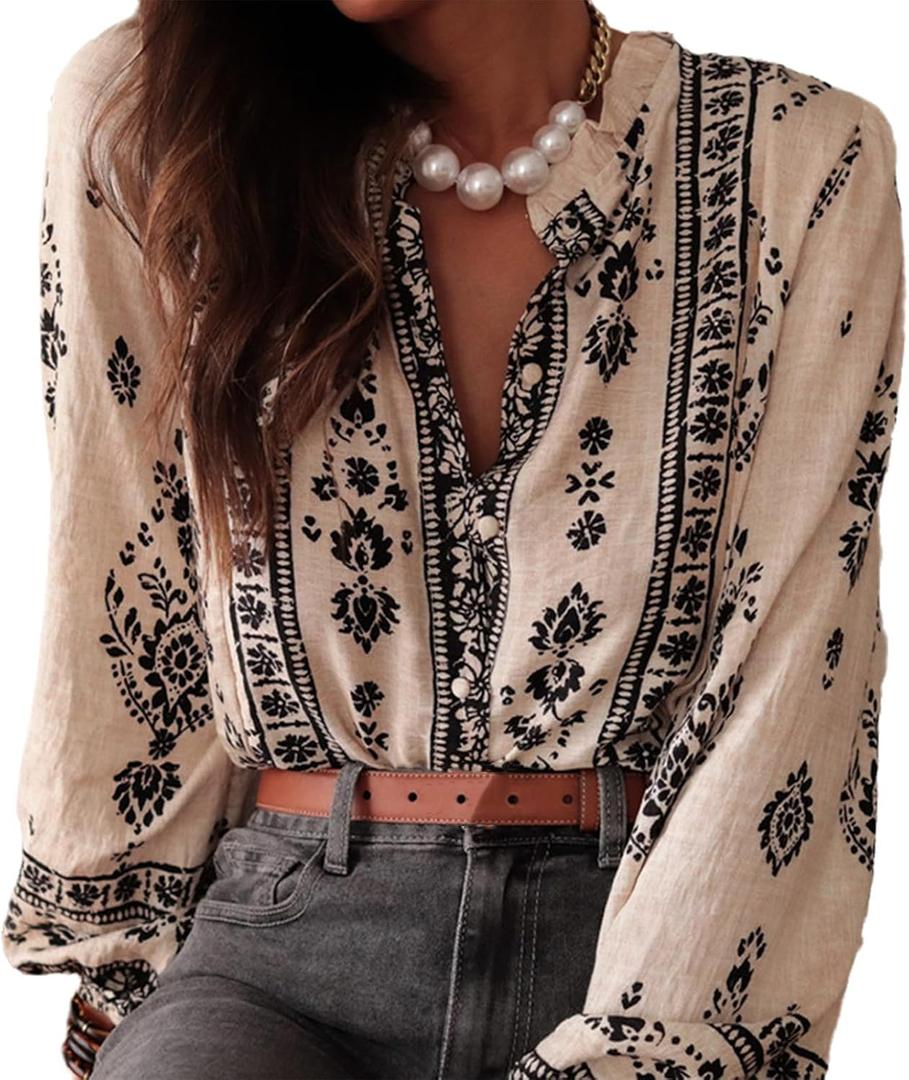 Womens Long Sleeve Button Down Cotton Linen Shirt Western Cowgirl Vintage Elegant Boho Floral Printed Blouses (Large, White)