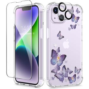 GVIEWIN for iPhone 14 Case Floral, with Screen Protector&Camera Lens Protector, [Non Yellowing]Soft Shockproof Clear Phone Protective Cover Women, Flower Pattern Design 6.1"(Alluring Butterfly/Purple)