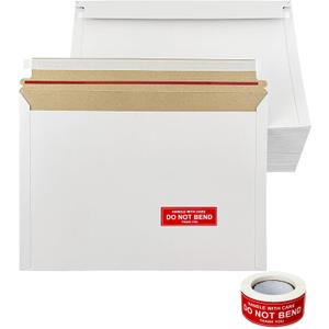 100 Pack 12.8x9.2" Cardboard Envelopes, Photo CD Mailers Shipping Envelope for Trading Cards with "DO NOT BEND" Labels, Small Stay Flat Self Seal Document Envelope - Brown Inside