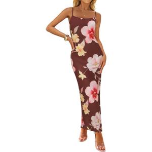 ZESICA Womens Summer Bodycon Maxi Dresses 2026 Floral Spaghetti Strap Square Neck Sleeveless Boho Beach Long Dresses (Small, Brown)