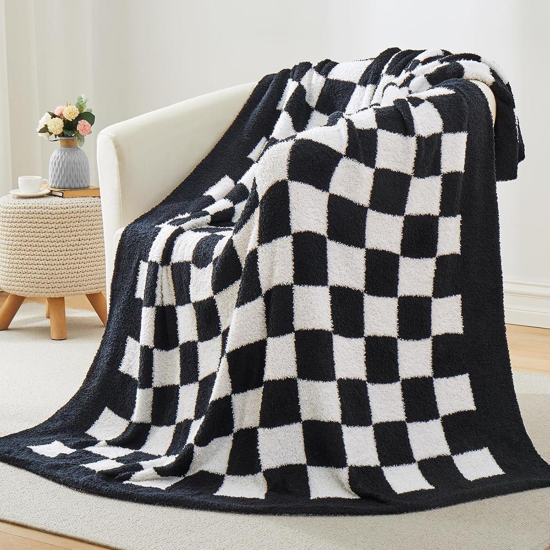 Homiest Checkered Throw, Super Soft Plaid Throw, Lightweight Warm Cozy Fluffy Blanket for Couch, Sofa, Chair, Bed, Travel (50x60 Inch, 2 lbs) (Black)
