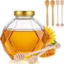 24 oz Honey Pot with Dipper Spoon and Metal Lid, Glass Honey Container Dispenser Mason Jar for Kitchen Syrup Storage, Take Home Gift and Bee Decorations