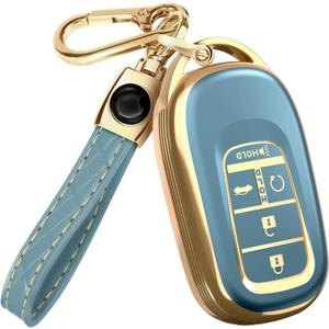 Lucrum Compatible with Honda Key Fob Cover & Leather Keychain - TPU Keyfob Case for Accord Civic CR-V HR-V Pilot Ridgeline, For 5 Button Remote (2022-2026) - Blue and Gold