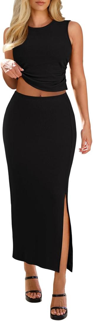 HUUSA Womens Two Piece Outfits Summer Bodycon Sleeveless Crewneck Crop Tank Tops Ribbed Split Long Skirt Dress Set (Green, S)