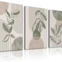 Aroutde Sage Green Boho Wall Art, Framed Canvas Wall Art Minimalist Botanical Geometric Line Leaf Sun Moon Beige Poster Prints Aesthetic Room Decor for Living Room Bedroom Set of 3 (30x40CM)