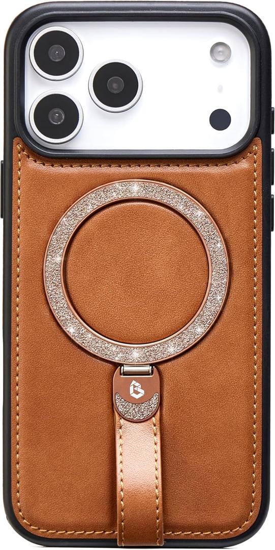 for iPhone 17 Pro Max Case Leather Glitter | iPhone 17 Pro Max Leather Case with Sparkly Shiny Stand Cute Women | Fits for MagSafe (Brown, IP17 Pro Max)