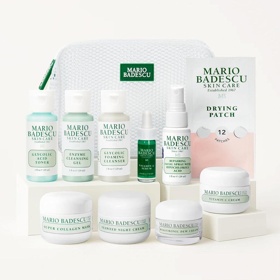 A Little Bit of Mario 10-Piece Skincare Kit  Vitamin C Serum, Glycolic Acid Toner, Hyaluronic Dew Cream, Collagen Mask, HOCI Spray & Cleanser  Brightening, Anti-Aging & Hydration  Travel & Gift Set