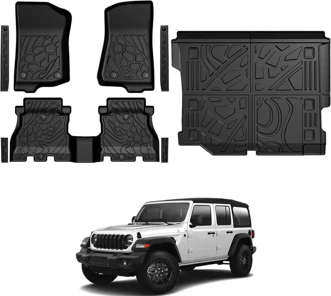Floor Mats for Jeep Wrangler JL Gas 2018-2025 2026, All Weather Floor Mats Trunk Cargo Liner and Door Sill Guards Accessories (Fit 4-Door Unlimitied)
