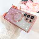 Fiyart Designed for Samsung Galaxy S24 Ultra Case,Compatible with MagSafe Love Heart Plating Camera Protection Clear Glitter Magnetic for Women Girls Shockproof Phone Cover Bumper 6.8"-Pink