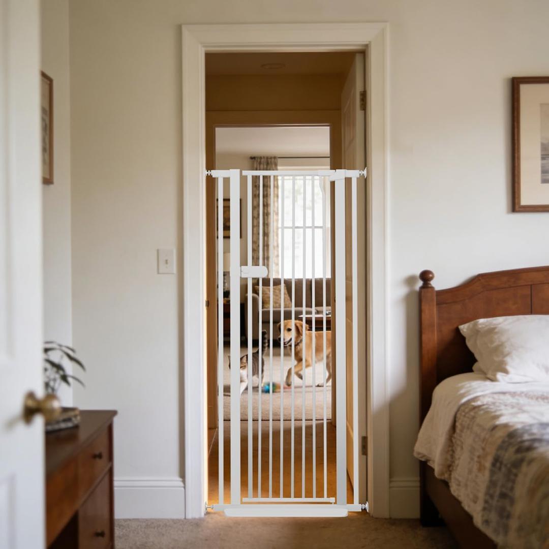 Lumizone Extra Tall Cat Gate 55.12" High Pressure Mounted 26.18"-29.91" Extra Wide 1.37" Gap No Drilling Auto-Close One-Handed Operation Tall Pet Gate for Dogs (White, 55.12" H x 26.18"-29.91" W)