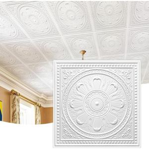 STICKGOO Drop Ceiling Tiles 24"x24", PVC Panels Plastic Ceiling Tiles Waterproof Reusable, Covers 48 Sq.Ft., Baroque Decorative Tiles for Home & Commercial Use (Pack of 12, White)