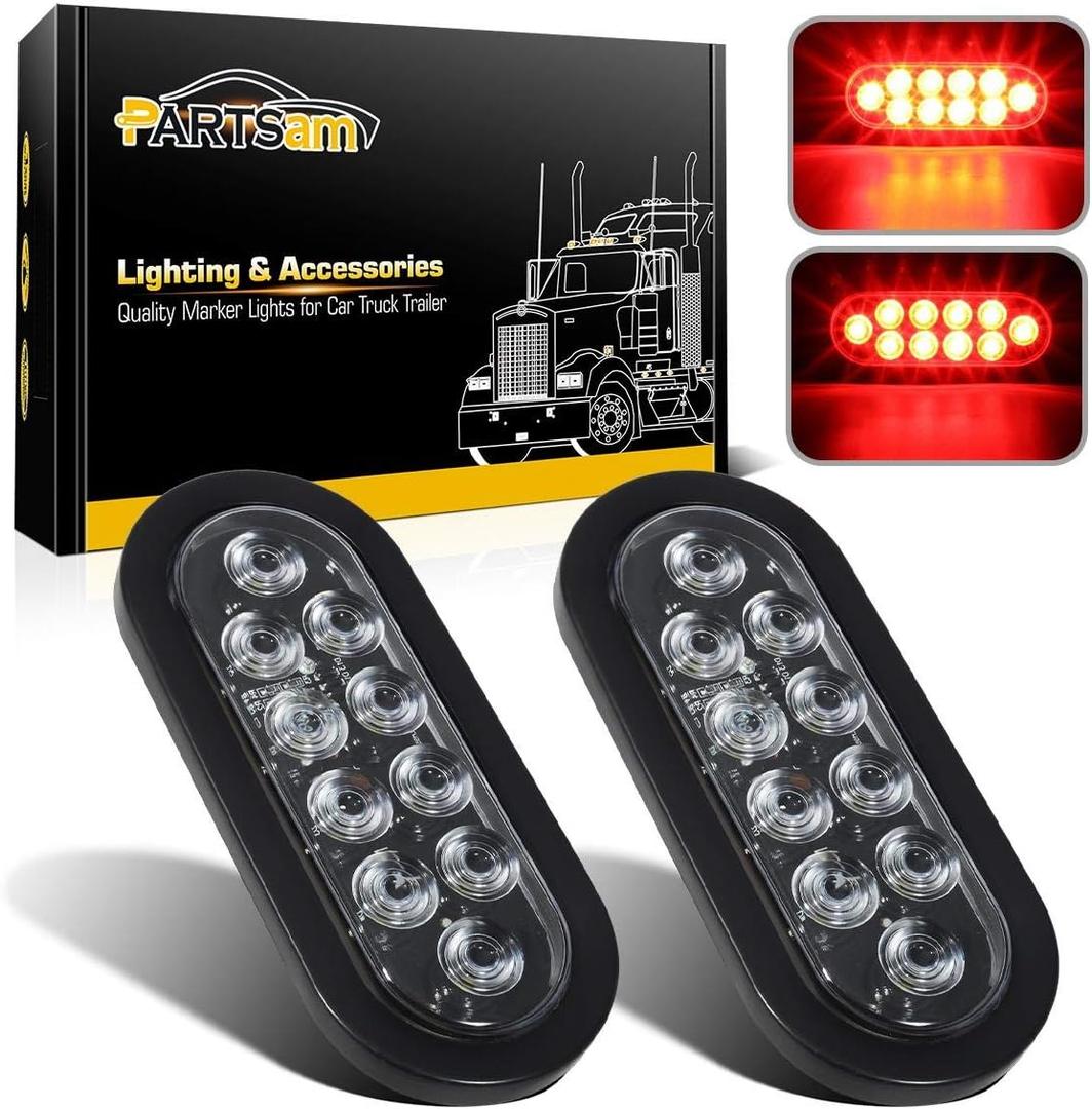 Partsam 2Pcs 6 Inch Oval Red Led Trailer Tail Lights 10 Diodes Clear Lens Stop Brake Turn Lights Grommet and Pigtails Waterproof 12V Sealed for RV Trucks, 6 Oval led Tail Lights Clear