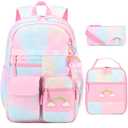 InduSKY Cute Rainbow School Backpack with Insulated Lunch Box Pen Case Set, Kids Backpack for Kindergarten to Middle School Students