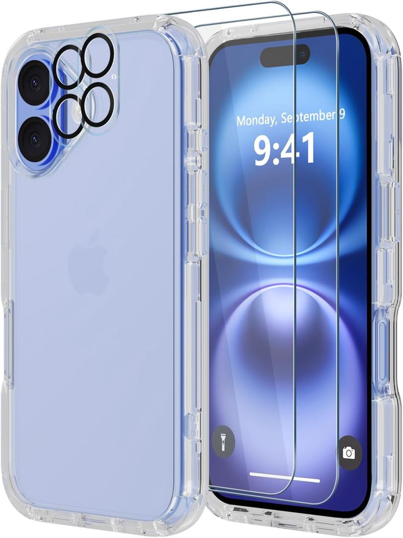 Diverbox for iPhone 16 Case [Shockproof] [Dropproof] [Tempered Glass Screen Protector + Camera Protectors] Heavy Duty Protection Phone Case Cover for Apple iPhone 16 (Matte Clear)