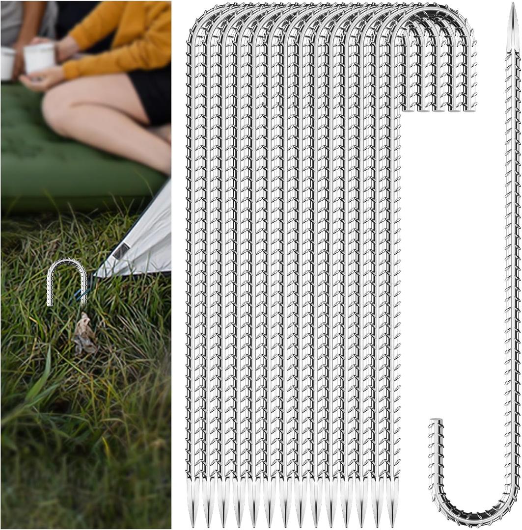 20 Pieces J Hooks Rebar Metal Tent Stakes 12 Inch Galvanized Ground Anchors Yard Stakes for Landscape Fabric Artificial Turf Heavy Duty Anti Rust for Outdoor (20, J-12 x1/4" Silver)