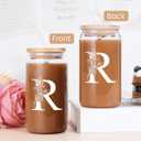 SANDJEST Monogrammed Gifts for Women - Monogram R Initial Glass Cup 16 Oz Can Coffee Cups with Lid and Straw - Monogram Initials Gifts for Womens on Birthday