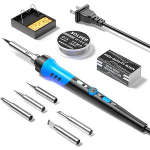 Soldering Iron Kit, 60W gun with Ceramic Heater, 9-in-1 solder kit tool, Adjustable Temperature 200 to 450, Iron Tips, wire, Solder Stand for Welding and Repairing (Blue)