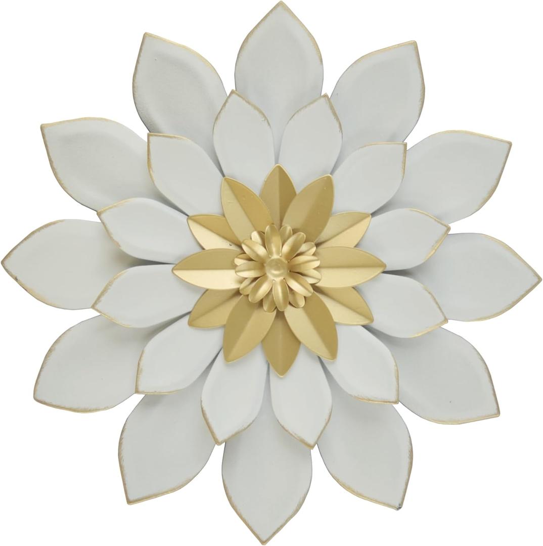JWZSKZYZ Metal Flower Wall Decor, 9.5inch white gold Modern Iron Floral Wall Art Sculpture Farmhouse Hanging Decoration for Home Living Room, Bathroom, Kitchen, indoor, Patio Porch - White