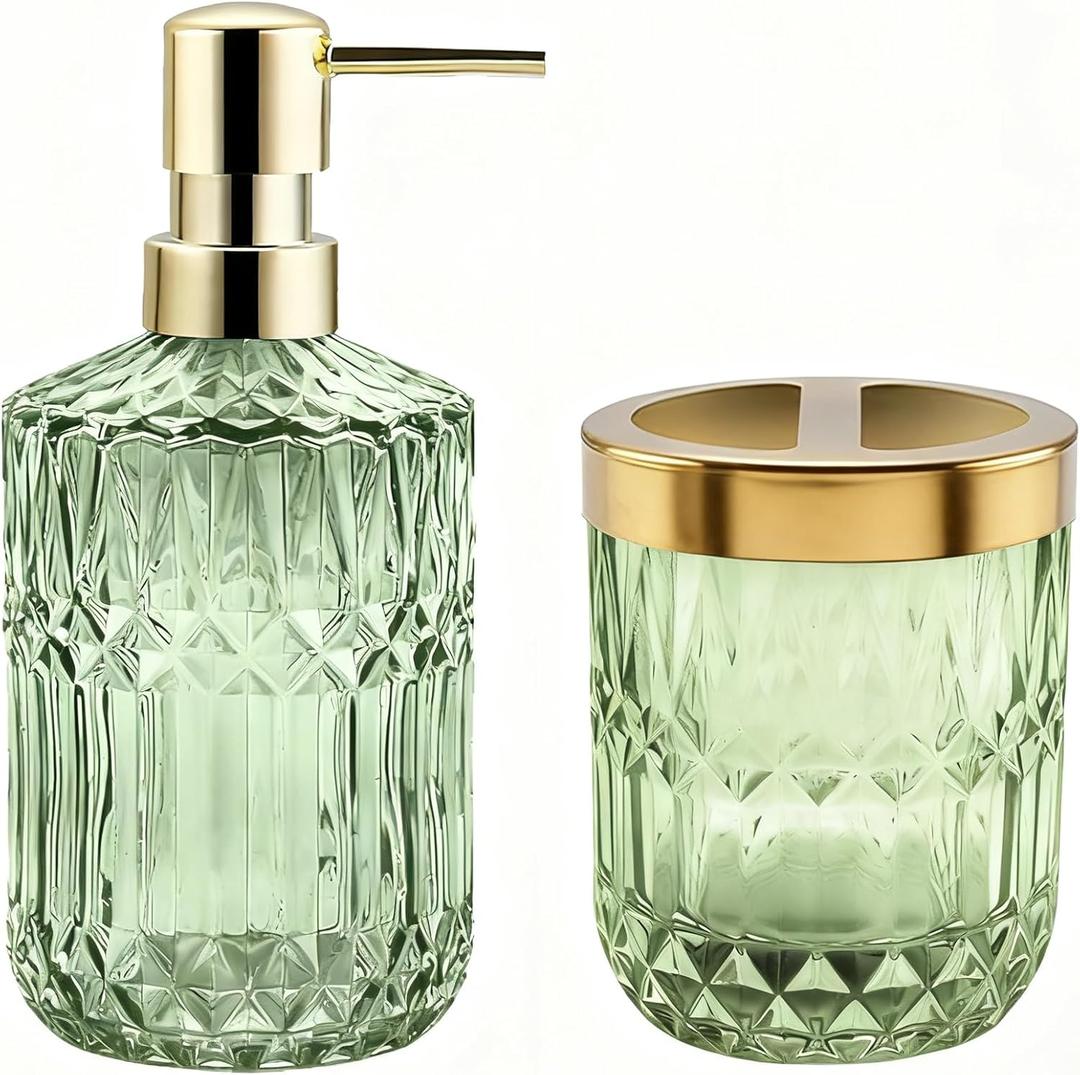 2Pcs Green Bathroom Accessories Set, Glass Bathroom Accessories, Vintage Bathroom Countertop Decoration Includes Soap Dispenser, Toothbrush Holder