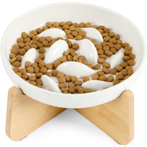 PETTOM Slow Feeder Cat Bowl with Stand, Ceramic Slow Eating Cat Bowl with Higher Edges Fish Pool Design Elevated Food Bowls for Dry and Wet Food Anti-Vomiting Puzzle Feeder for Healthy Eating Diet (White)