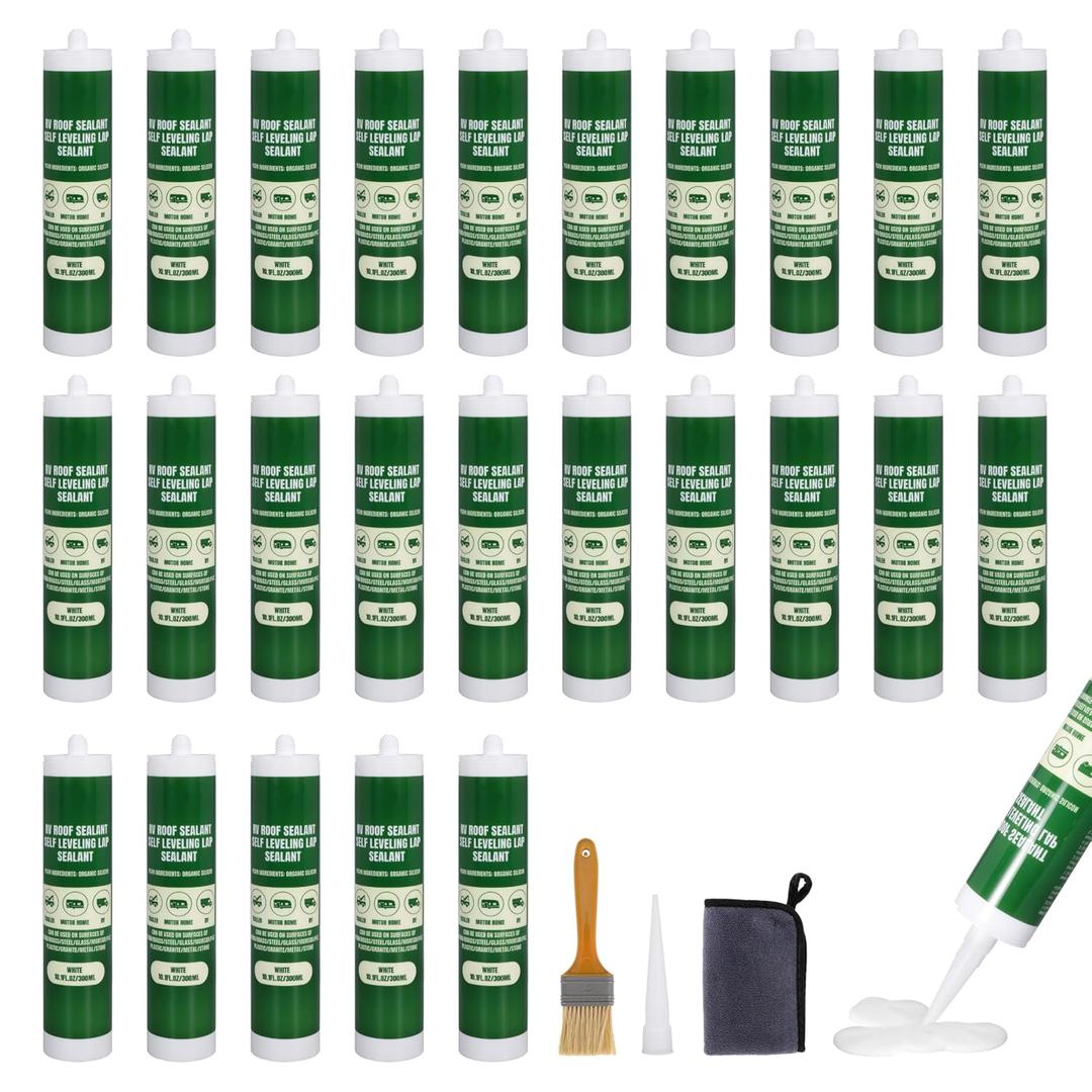 RV Roof Sealant Self-Leveling Lap Sealant RV Self Leveling Caulking for Motorhomes Campers Trailers Repair White Waterproof Flexible 10.1FL.OZ, 25 Pack