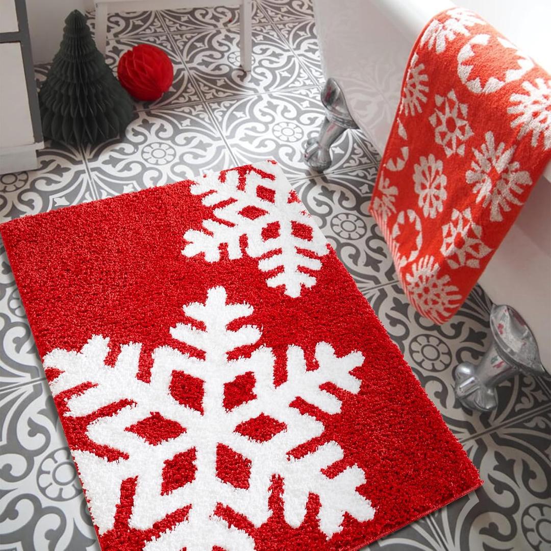 Estmy Red White Snowflake Christmas Bathroom Rugs 20W x 31L Non-Slip Rubber Backed Machine Washable, Soft Absorbent Shaggy Xmas Bath Mat Rug Winter Themed Christmas Festive Bathroom Floor Mat