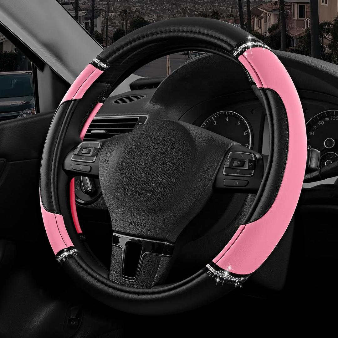 Road Comforts Leather Steering Wheel Cover - Made with PVC Leather - Anti-Slip, Universal Fit 14 1/2 inches to 15 inches - Pink