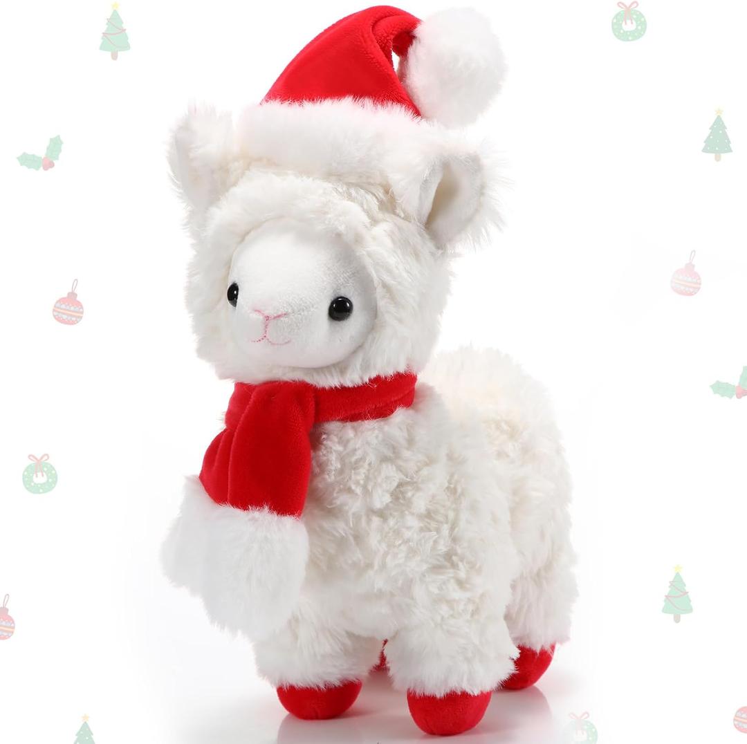 Threan 8 Inch Christmas Stuffed Animal Christmas Plush Doll with Santa Hat for Holiday Decoration Winter Gifts(Alpaca Style)