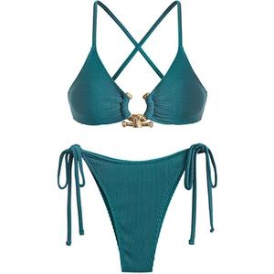 ZAFUL Women's Cutout Bikini Criss Cross Textured Metal High Leg Bikini Sets Cheeky Swimswear Two Piece Swimsuit, Size: M