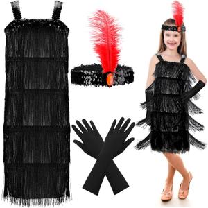 4 Pieces Girl's 20s Flapper Dresses Costume Set Feather Headband Fringed Dresses Gloves for Halloween Party (Black) One Size