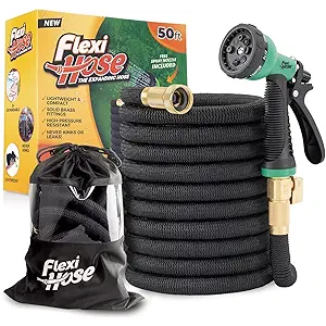 Flexi Hose PLUS with 8 Function Nozzle Expandable Garden Hose, Lightweight & No-Kink Flexible Garden Hose, 3/4 inch Solid Brass Fittings and Double Latex Core, 100 ft Black