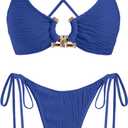 ZAFUL Bikini Swimsuit for Women Ribbed Criss Crosstie Back Bikini Sets Metal Ring Sexy High Hip Bathing Suit Royal Blue, XS