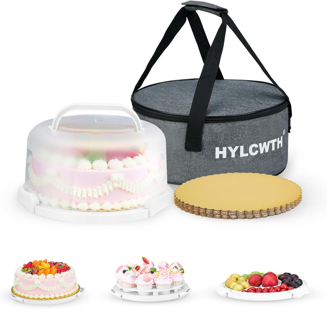 Cake Carrier With Lid And Handle, Bpa-Free Cake Holder With Lid For 10 Inch Round Cake Carrier With 10 pcs Round Golden Cake Boards And Portable Insulated Bag（White）